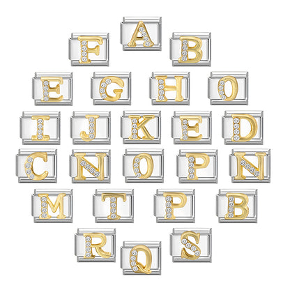 New Girls Italian Bracelet 26 English Letters Charm Stainless Steel Bangle Gold Color Inlaid Zirconia DIY Making Jewelry Gifts