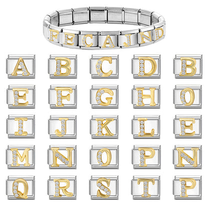 New Girls Italian Bracelet 26 English Letters Charm Stainless Steel Bangle Gold Color Inlaid Zirconia DIY Making Jewelry Gifts