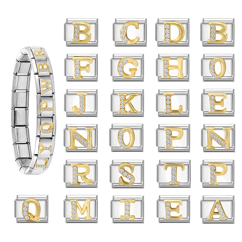 New Girls Italian Bracelet 26 English Letters Charm Stainless Steel Bangle Gold Color Inlaid Zirconia DIY Making Jewelry Gifts