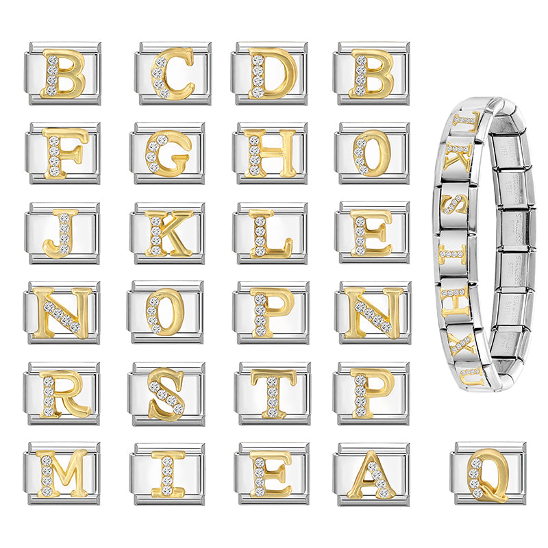 New Girls Italian Bracelet 26 English Letters Charm Stainless Steel Bangle Gold Color Inlaid Zirconia DIY Making Jewelry Gifts