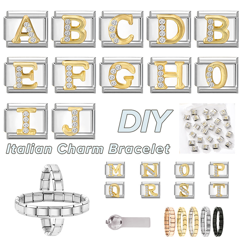 New Girls Italian Bracelet 26 English Letters Charm Stainless Steel Bangle Gold Color Inlaid Zirconia DIY Making Jewelry Gifts