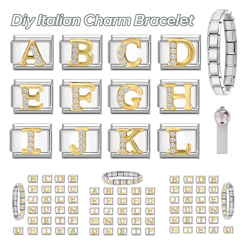 New Girls Italian Bracelet 26 English Letters Charm Stainless Steel Bangle Gold Color Inlaid Zirconia DIY Making Jewelry Gifts