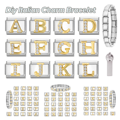 New Girls Italian Bracelet 26 English Letters Charm Stainless Steel Bangle Gold Color Inlaid Zirconia DIY Making Jewelry Gifts