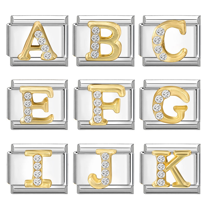 New Girls Italian Bracelet 26 English Letters Charm Stainless Steel Bangle Gold Color Inlaid Zirconia DIY Making Jewelry Gifts