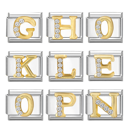 New Girls Italian Bracelet 26 English Letters Charm Stainless Steel Bangle Gold Color Inlaid Zirconia DIY Making Jewelry Gifts