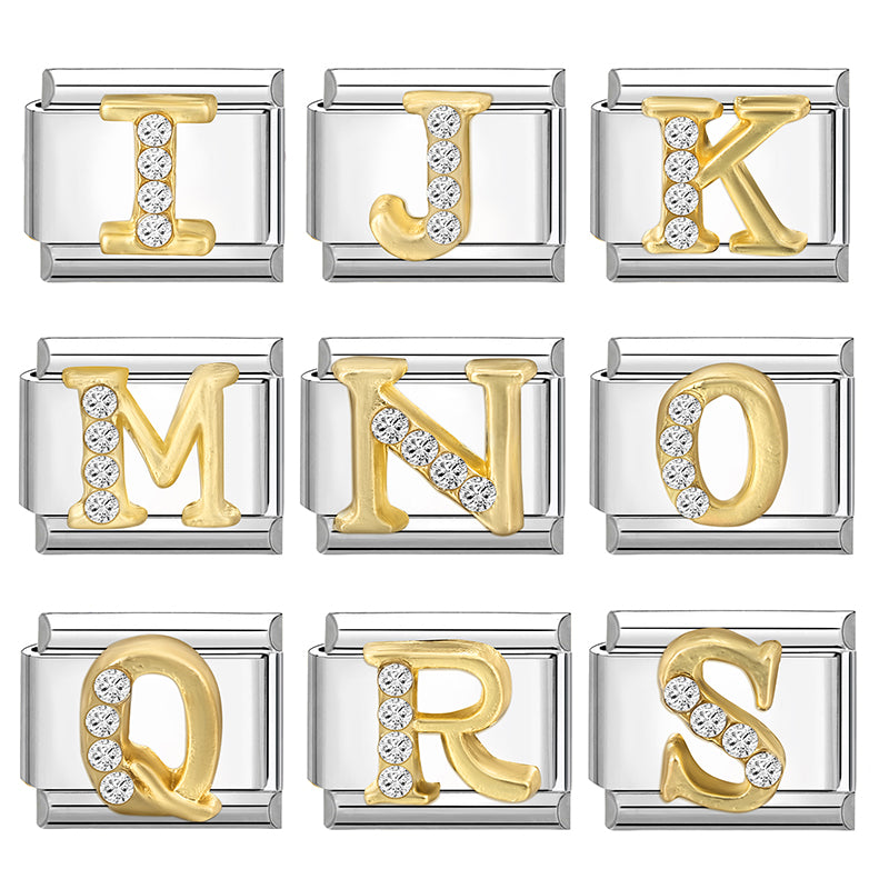 New Girls Italian Bracelet 26 English Letters Charm Stainless Steel Bangle Gold Color Inlaid Zirconia DIY Making Jewelry Gifts
