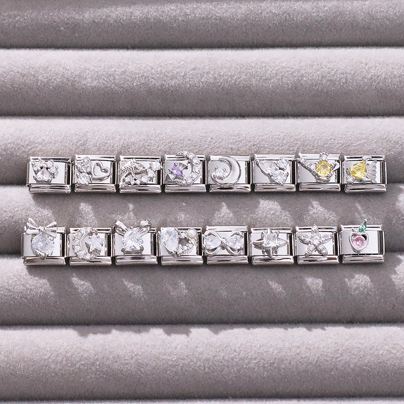 Zircon Pearl Heart Bow Candy Flower Butterfly Italian Charm Links Fit 9mm Stainless Steel Bracelet Personalized DIY Making Gifts