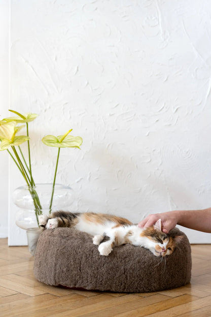Oval Natural Wool Pet Bed - Beige