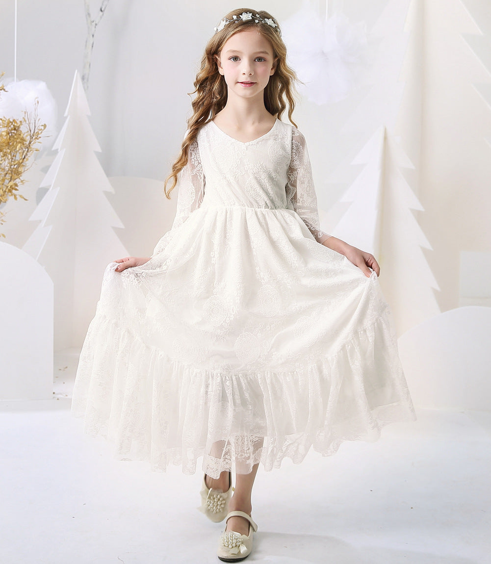 Kids Clothes White Lace Girls Full Sleeve Princess Dress Wedding Fancy Girl Long Dresses Elegant Evening Party Ball Gown 2 to 14