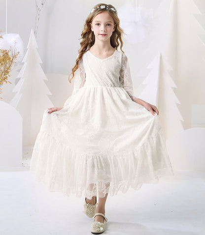 Kids Clothes White Lace Girls Full Sleeve Princess Dress Wedding Fancy Girl Long Dresses Elegant Evening Party Ball Gown 2 to 14