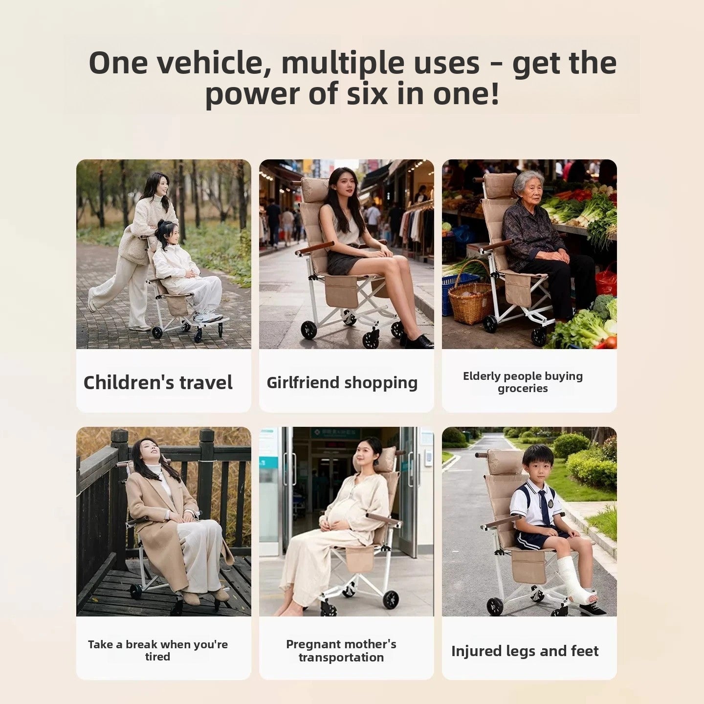 Portable Folding Travel Trolley for Elderly, Light‑Weight Recliner Cart, Multi‑Purpose Sit‑able for Car Trip & Outdoor Travel