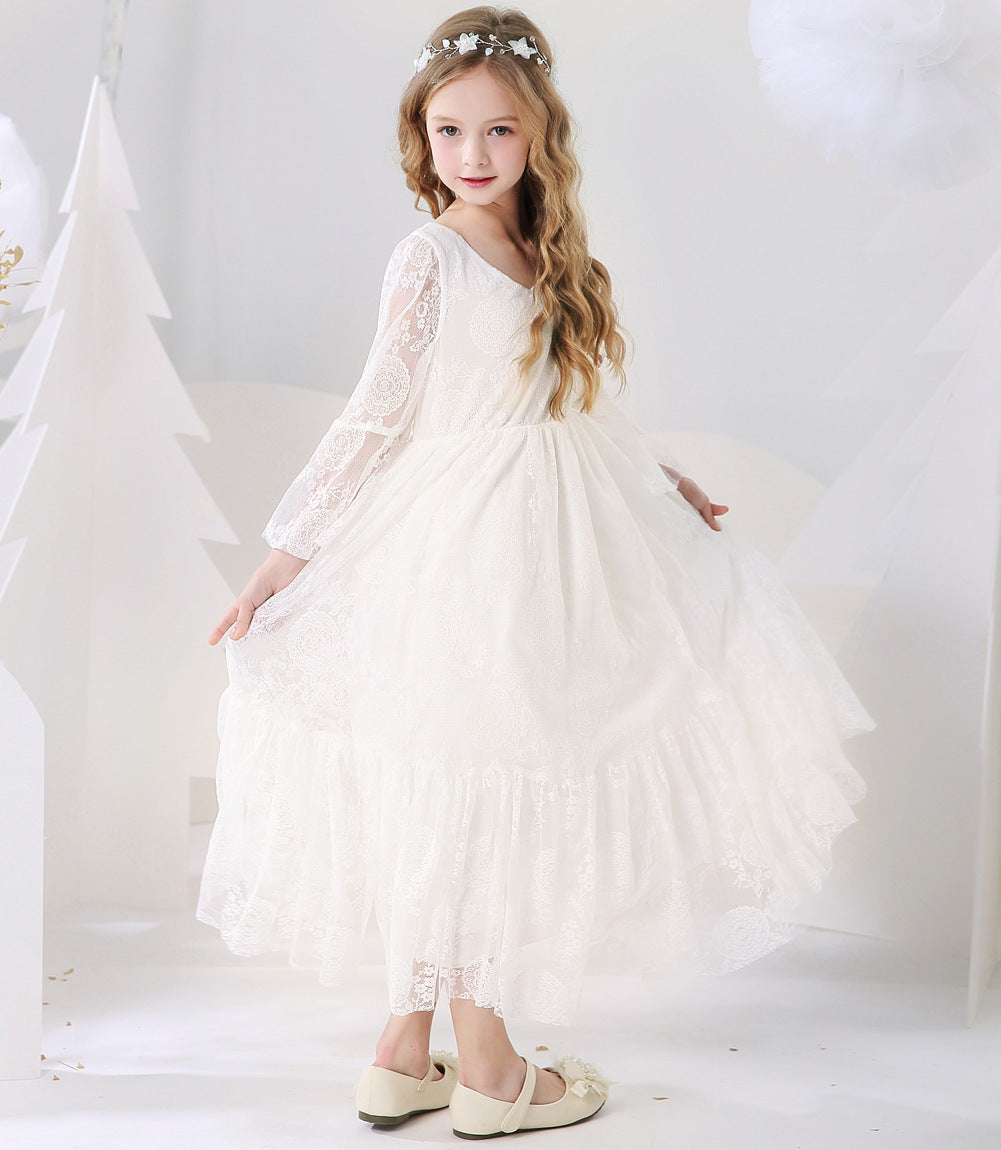 Kids Clothes White Lace Girls Full Sleeve Princess Dress Wedding Fancy Girl Long Dresses Elegant Evening Party Ball Gown 2 to 14