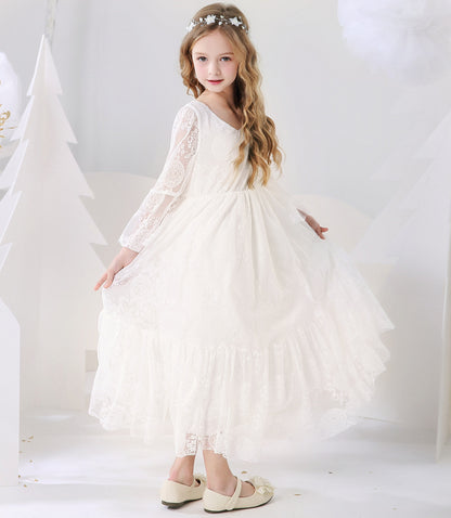 Kids Clothes White Lace Girls Full Sleeve Princess Dress Wedding Fancy Girl Long Dresses Elegant Evening Party Ball Gown 2 to 14