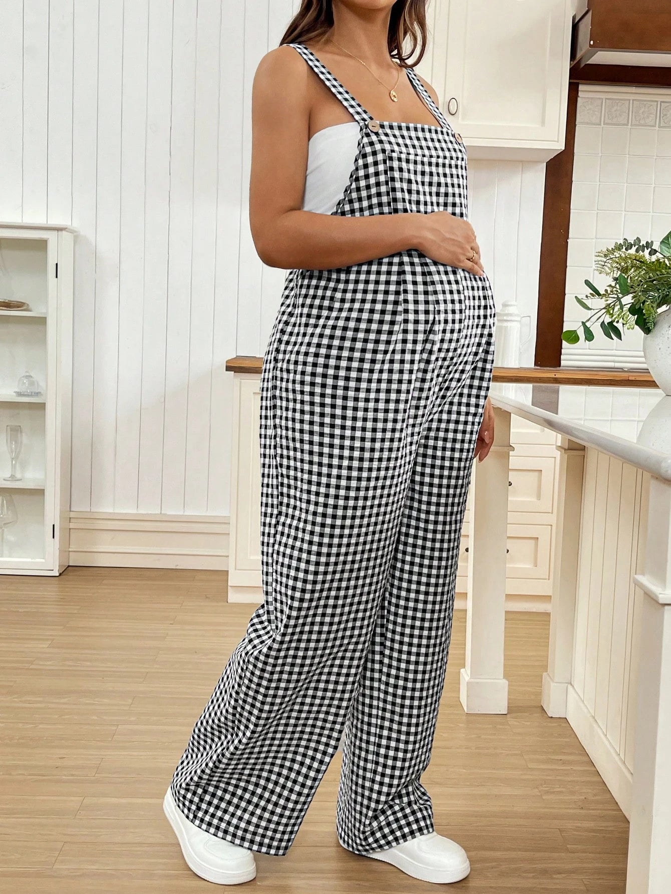 Maternity Overalls Spring/Summer Casual Checkered Jumpsuit Loose-Fit Maternity Overalls