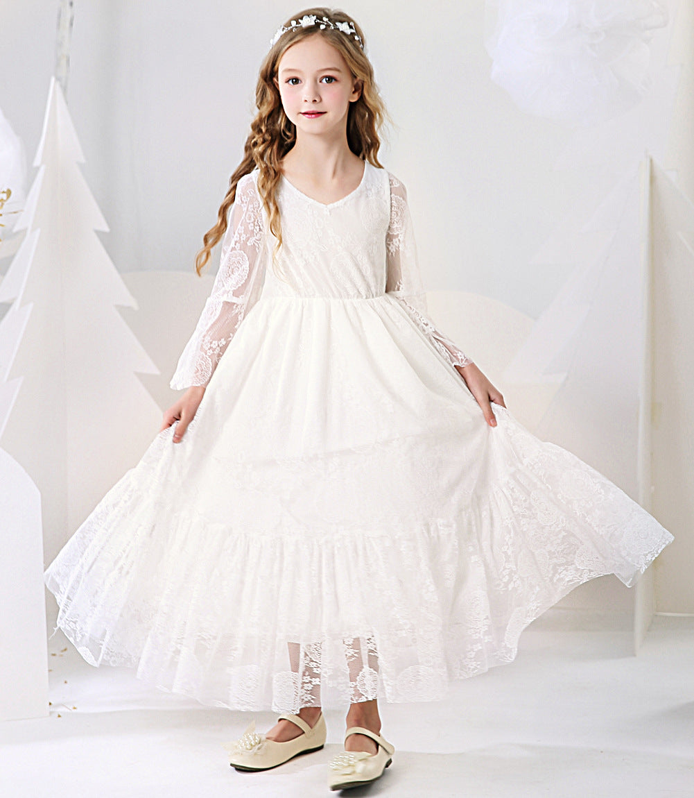 Kids Clothes White Lace Girls Full Sleeve Princess Dress Wedding Fancy Girl Long Dresses Elegant Evening Party Ball Gown 2 to 14