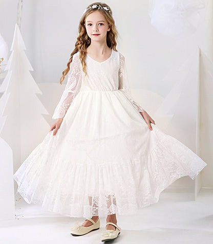 Kids Clothes White Lace Girls Full Sleeve Princess Dress Wedding Fancy Girl Long Dresses Elegant Evening Party Ball Gown 2 to 14