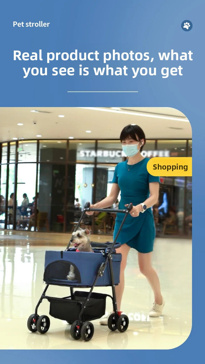 4 Wheel Foldable Pet Stroller Detachable Carrier for Small Dogs Cats, Lightweight Travel Pet Cart with Breathable Mesh