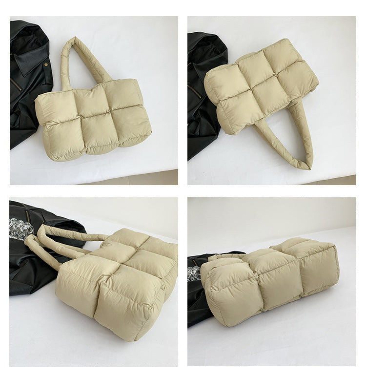 Women Tote Handbags Quilted Plaid Bag Retro Trendy Checkered Waterproof Shoulder Bag Solid Color Winter Soft Large Capacity Bags