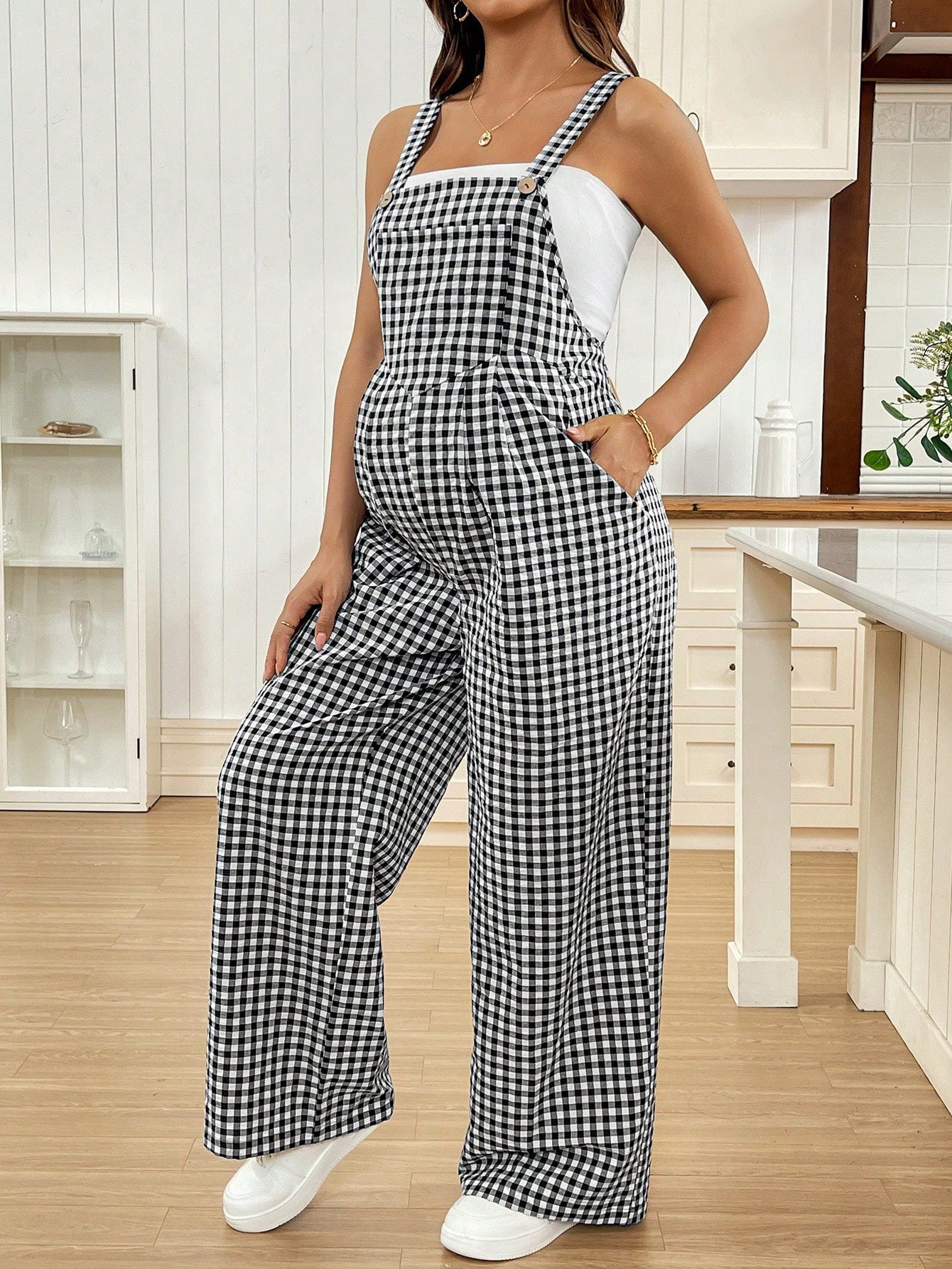 Maternity Overalls Spring/Summer Casual Checkered Jumpsuit Loose-Fit Maternity Overalls