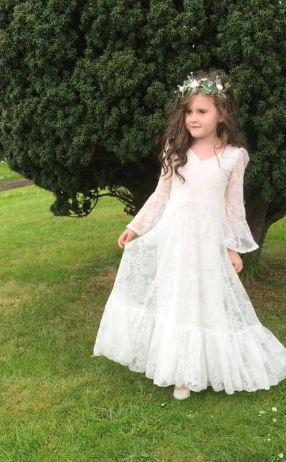 Kids Clothes White Lace Girls Full Sleeve Princess Dress Wedding Fancy Girl Long Dresses Elegant Evening Party Ball Gown 2 to 14