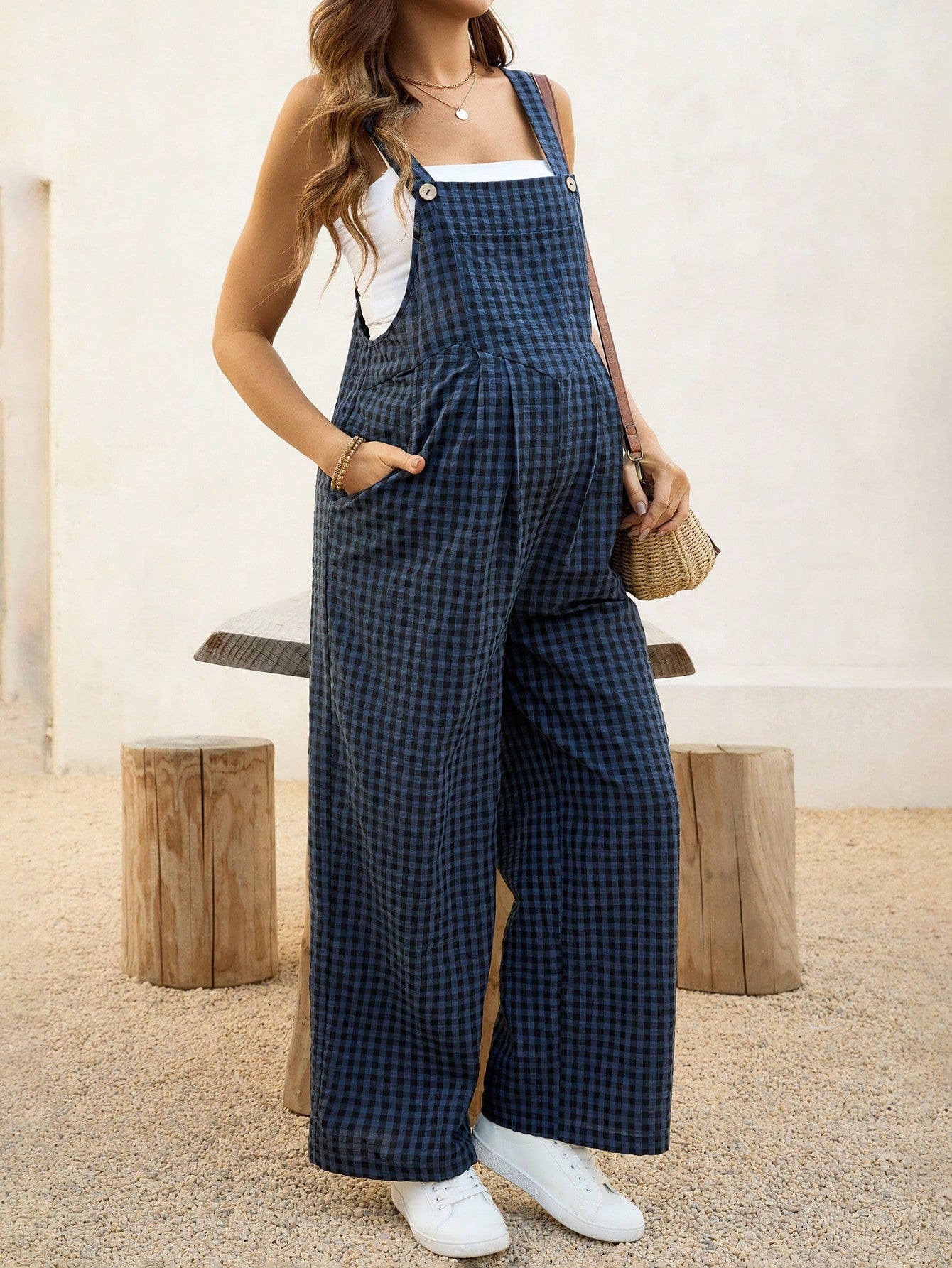Maternity Overalls Spring/Summer Casual Checkered Jumpsuit Loose-Fit Maternity Overalls