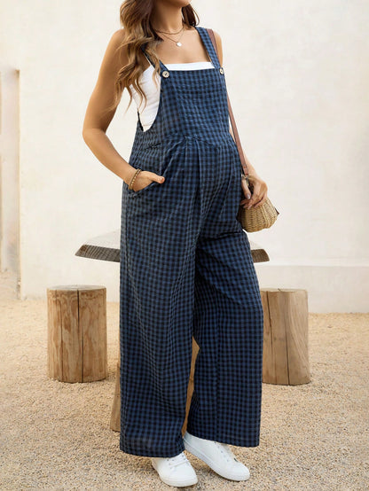 Maternity Overalls Spring/Summer Casual Checkered Jumpsuit Loose-Fit Maternity Overalls