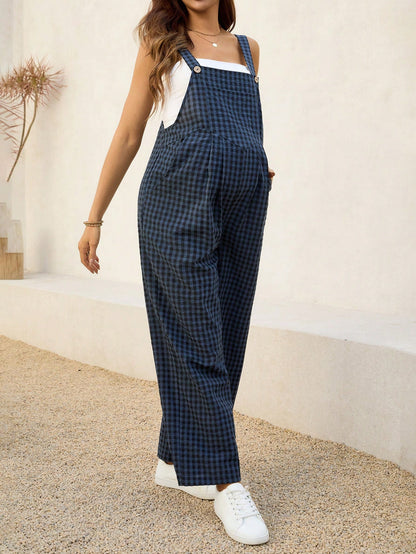 Maternity Overalls Spring/Summer Casual Checkered Jumpsuit Loose-Fit Maternity Overalls