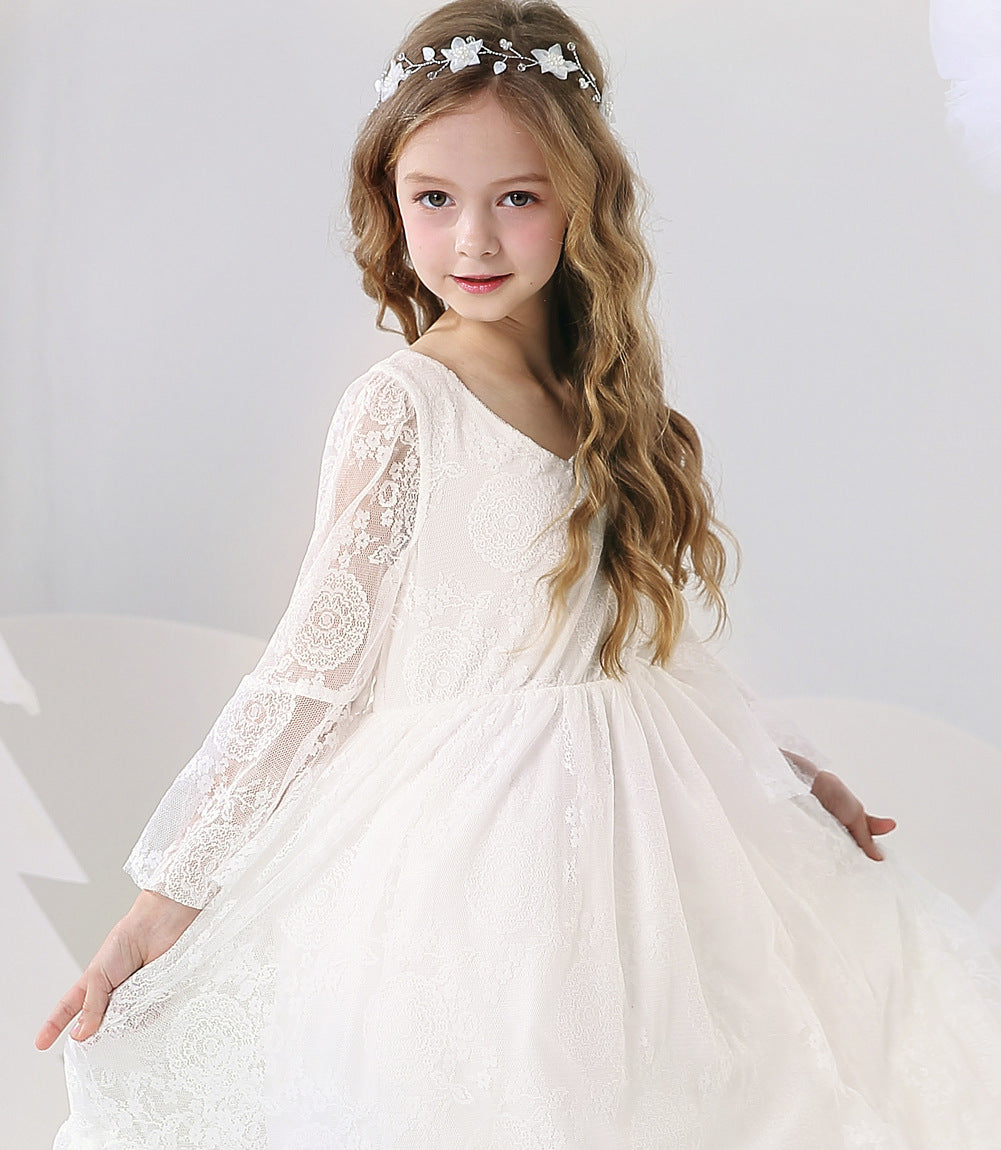 Kids Clothes White Lace Girls Full Sleeve Princess Dress Wedding Fancy Girl Long Dresses Elegant Evening Party Ball Gown 2 to 14