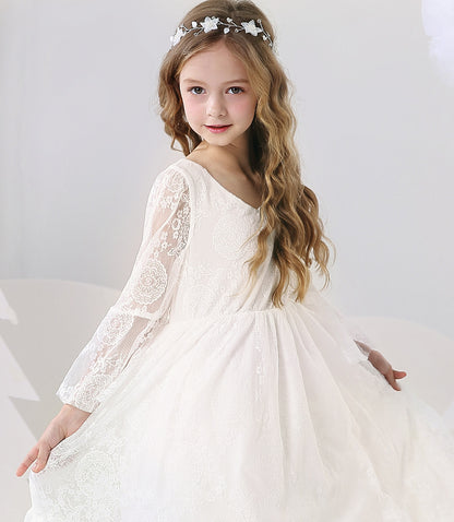 Kids Clothes White Lace Girls Full Sleeve Princess Dress Wedding Fancy Girl Long Dresses Elegant Evening Party Ball Gown 2 to 14