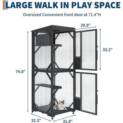 Garvee Black Walk-In Large Wooden Outdoor Catio Enclosure with 4 Lockable Rolling Wheels, Weatherproof Patio Cat House with Independent Rest Box, Spacious Garden Yard Cat Kennel for Multiple Cats
