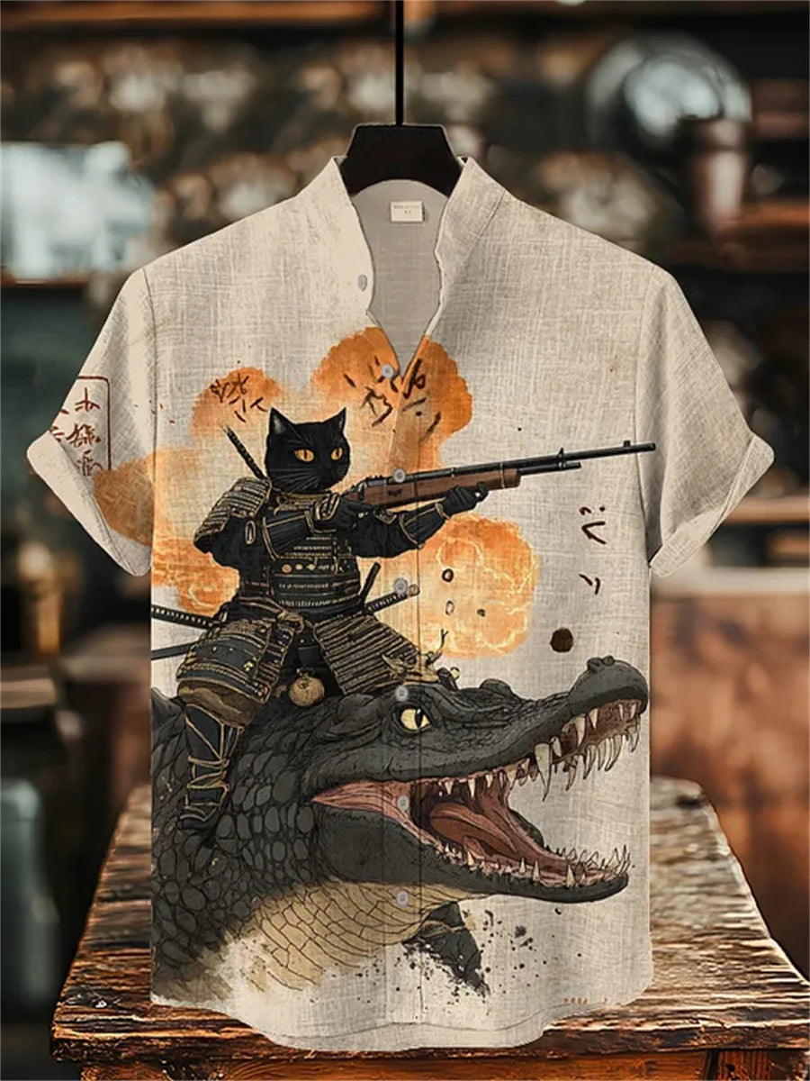 Men's short-sleeved shirt with cat and dinosaur print, casual and stylish vacation-style men's top, fashionable Hawaiian design.