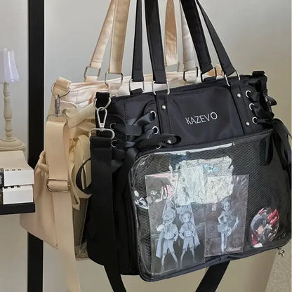 College Style Crossbody Bag with Ribbon Large Capacity for Class Book Carrying Mailman Bag Girls Bow JK Shoulder Ita Bag Handbag