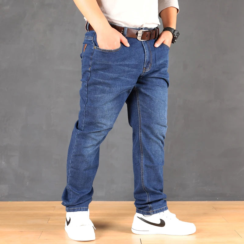 47-160KG Plus Size Men's Jeans Autumn Spring Black Blue Pants Straight Business Loose Long Trousers Cotton Jeans Male Clothing