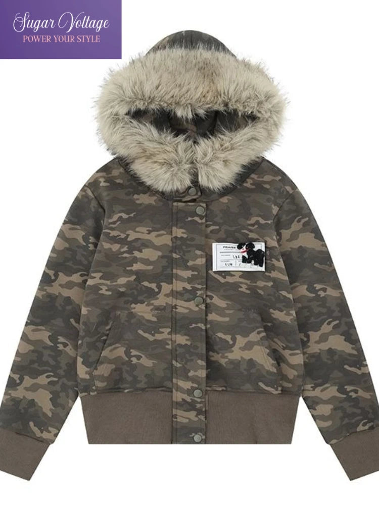Casual Y2K Vintage Streetwear Slim Fit Winter Coat Fur Collar Hoodie Jacket American Retro Warm Outerwear Women Girls Ladies New