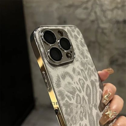 Luxury Plating Leopard Texture Leather Case For iPhone 17 16 15 14 Plus 13 12 11 Pro Max Lens Protection Shockproof  Cover Capa