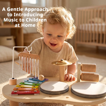 7 in 1 Wooden Toddler Musical Instrument Table Montessori Baby Percussion Toy Xylophone Drum Set Sensory Early Learning Play Gift for Kids 1‑4Y