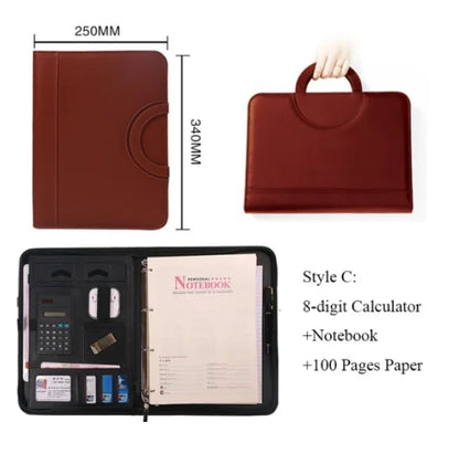 PU leather A4 zipper calculator binder conference file pad folder briefcase tablet portable circular handle file bag