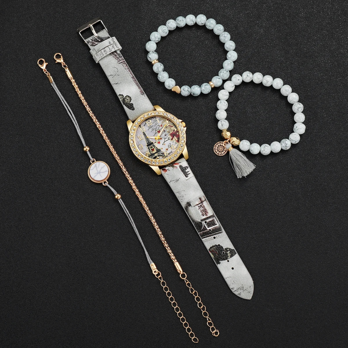 2/3/4/5PCS Fashion Rhinestone Women's Watch Flowers Printed Leather Band Female Quartz Watches Bracelets Set（Without Box）