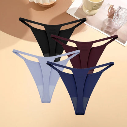4PCS/Set Silk Seamless Thongs for Women Sexy Low Rise Panties Female Ultra Thin Breathable Underwear G-String T-Back Underpants