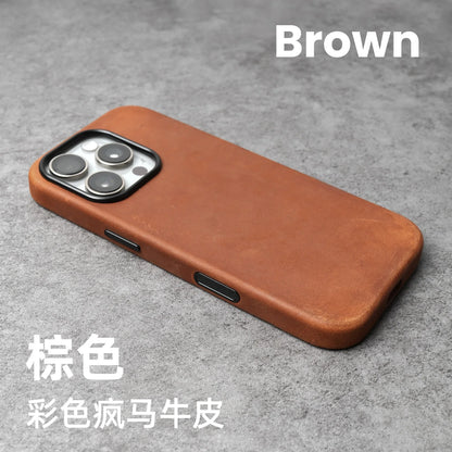 YMW Scratc Crazy Horse Genuine Leather Case for iPhone 17 16 15 Pro Max Magnetic PULL-UP Cowhide Phone Cover