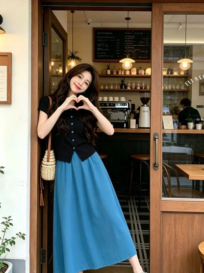 Women High Waist Elastic Waist Midi Skirt Flowy A Line Loose Long Casual Skirt