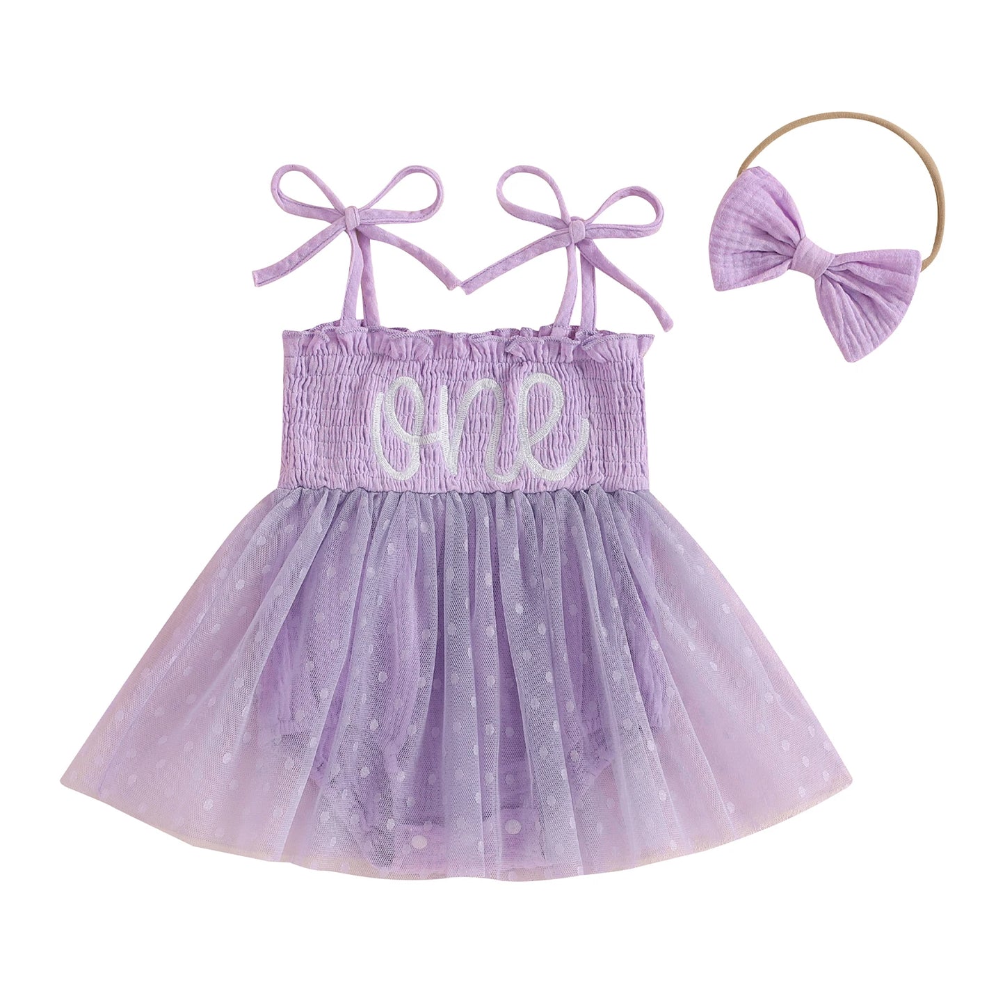 MISOWMNJOY Summer Mesh Tulle Baby Girl Romper Dress Infant Birthday Outfits Sleeveless Tie Strap Smocked Bodysuit with Headband