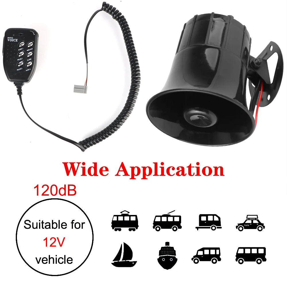 12V 120DB Loudspeaker 6 Tone Police Siren Car Air Horn Loud Speaker Automotive Warning Alarm Megaphone Multi-tone Claxon Horn