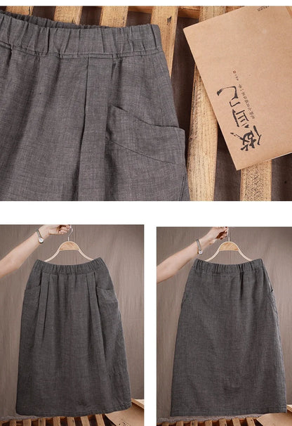 New Cotton and Hemp Half Length Skirt for Women in Summer, A-line Medium Length Skirt, High Waist, Loose Elastic Waist Skirt
