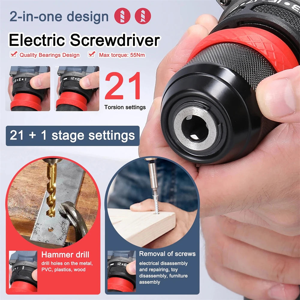 55N.M Brushless Electric Drill Screwdriver 2 IN 1 Handheld Cordless Impact Drill Woodworking DIY Power Tool With 2PCS Battery