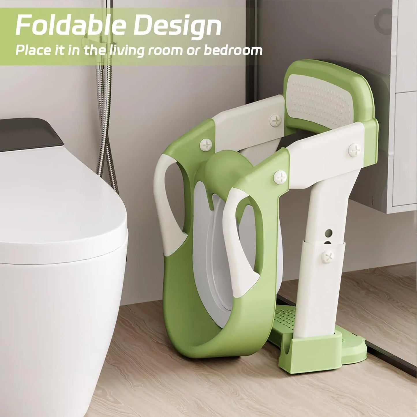 2-in-1 Toddler Toilet Ladder Seat – Adjustable Potty Training Seat with Non-Slip Steps & Anti-Slip Pads, Foldable for Boys & Girls, Bathroom Toilet Trainer (Grey Green Purple)