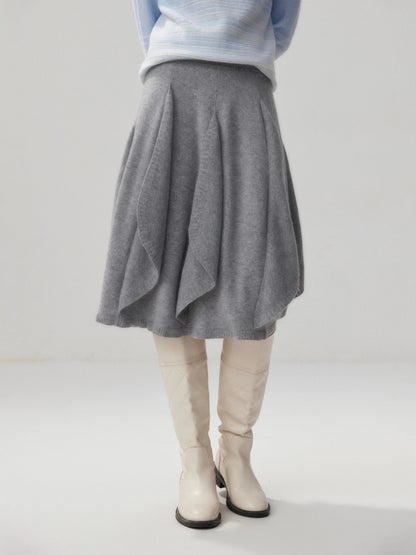 French 100% Pure Cashmere Skirt Ruffle Irregular A-line Soild Midi Sirt Autumn Winter Women Elegant Pleated  Knit Dress Fashion
