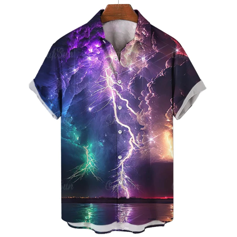 3D Printed Punk Purple Lightning Graphic Blouses Harajuku Fashion Hip Hop Shirts For Men Clothes Hawaiian Y2k Lapel Blouse Tops