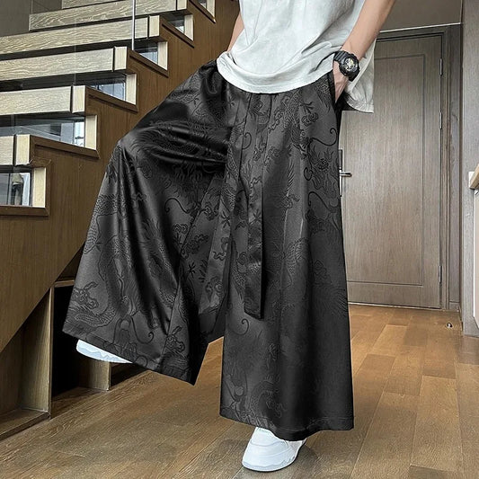 Men's Black Dragon Jacquard Wide-Leg Pants - New Chinese Style Satin Belted Trousers