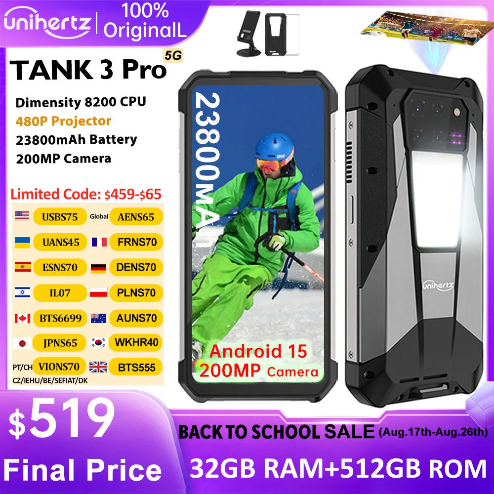 Unihertz Tank 3 Pro 8849 Rugged Smartphone Android 5G with 100 Lumens Projector 32/36GB 512GB 23800mAh Waterproof 200MP Phones